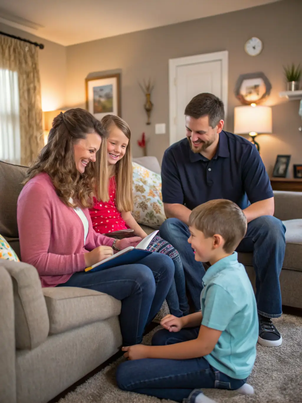 A vibrant photo capturing a family actively participating in an educational workshop, with children and parents learning together in a community center.