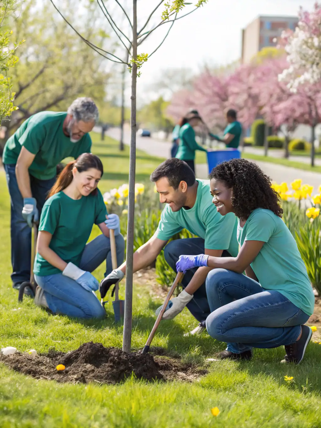 A lively scene of a community engagement initiative, showing families volunteering and interacting in a local park, fostering community spirit and support.