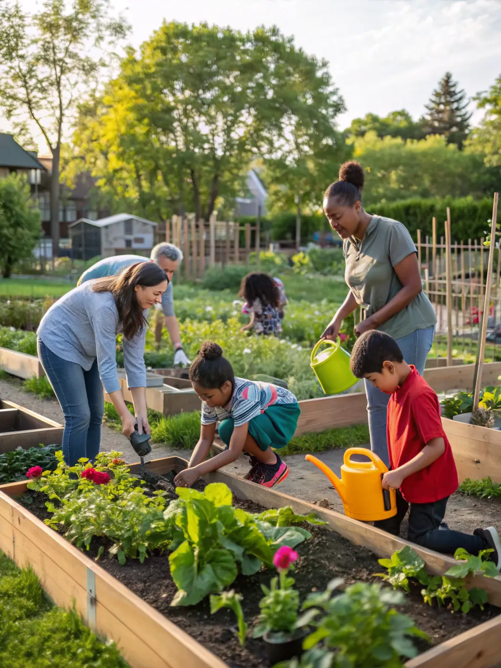 A diverse group of families participating in a community gardening project, planting vegetables and flowers in raised garden beds, with tools and plants visible.