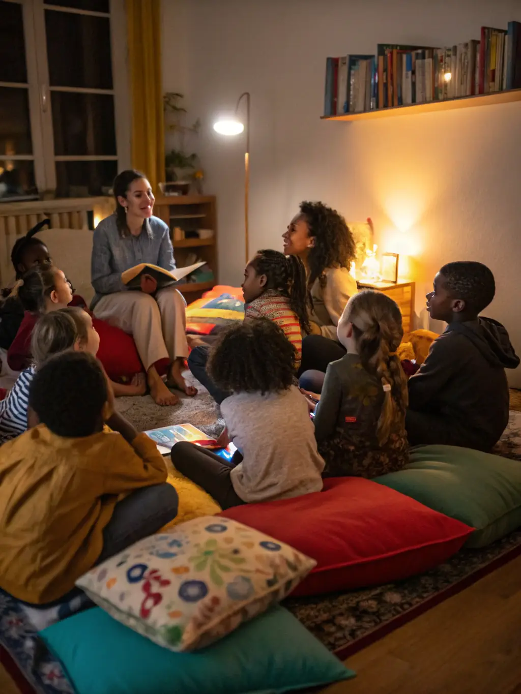 A group of children and parents engaged in a storytelling session at a local library, with a facilitator reading aloud from a colorful picture book.