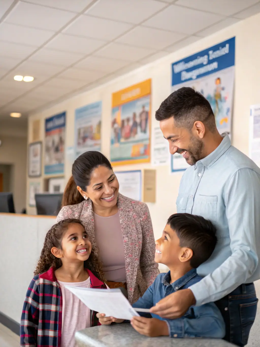 A heartwarming image depicting a family participating in a policy discussion, advocating for family-friendly legislation, set in a bright and modern government building.