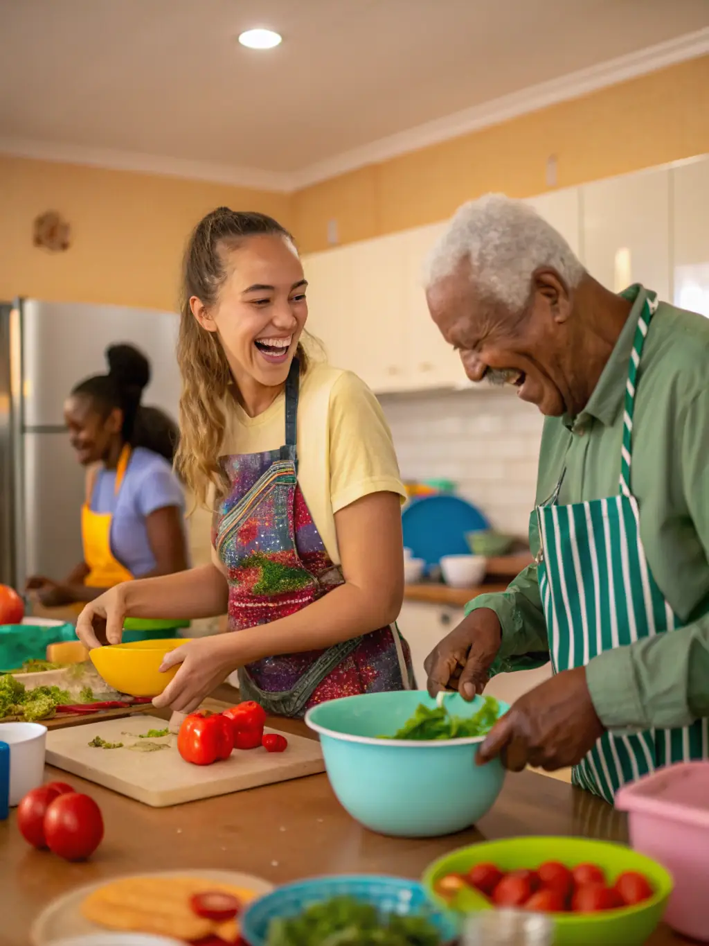 A brightly lit community center room filled with families participating in a cooking workshop, focusing on healthy meal preparation, with chefs guiding the participants.