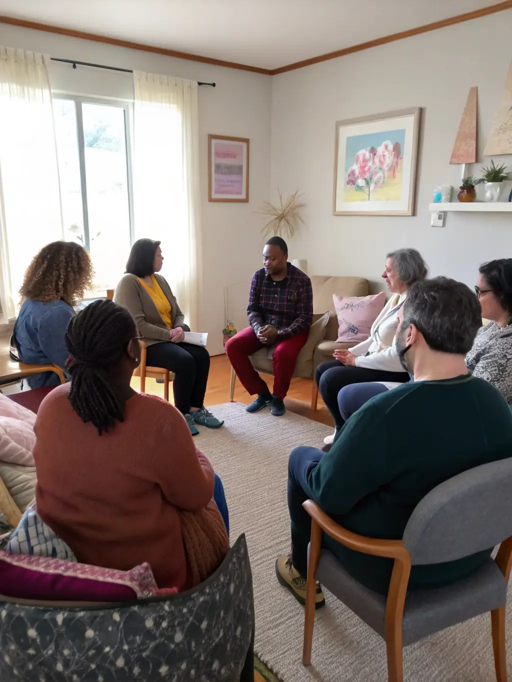 A family support group meeting in a cozy room, with participants sharing experiences and offering support to one another, facilitated by a counselor.